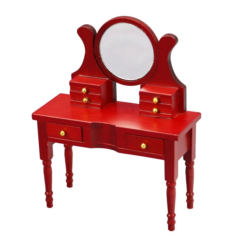 

1/12 Doll House Wood Dresser With Mirror & Drawers Set Furniture Model For Dollhouse Bedroom Decor, Retro Style