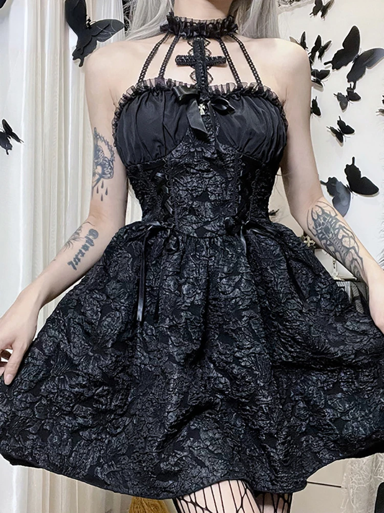 Mall Gothic Emo Jacquard A-line Dresses Elegant Grunge Ruched Bandage Partywear Punk Black Women Halloween Club Dress