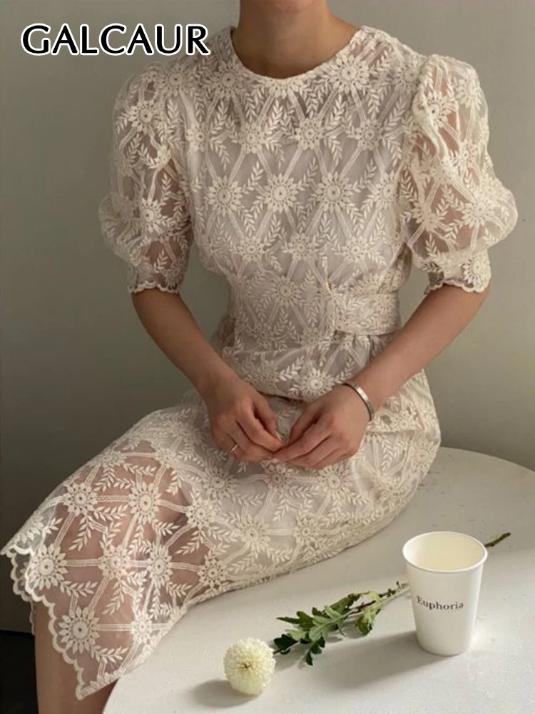 

GALCAUR Patchwork Lace Dresses For Women Round Neck Long Sleeve High Waist Embroidery Split Vintage Dress Female Autumn 2022 New