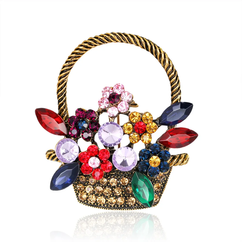

TULX Rhinestone Flower Basket Brooch Vintage Colorful Crystal Brooches For Women Weddings Banquet Coat Accessories Jewelry
