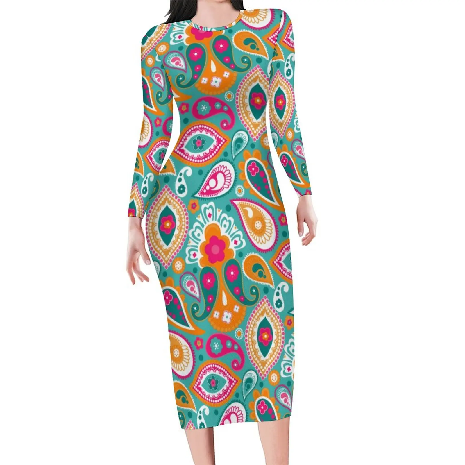 

Retro 60s Print Dress Long Sleeve Paisley 70s Boho Club Dresses Holiday Female Street Style Graphic Bodycon Dress 3XL 4XL 5XL