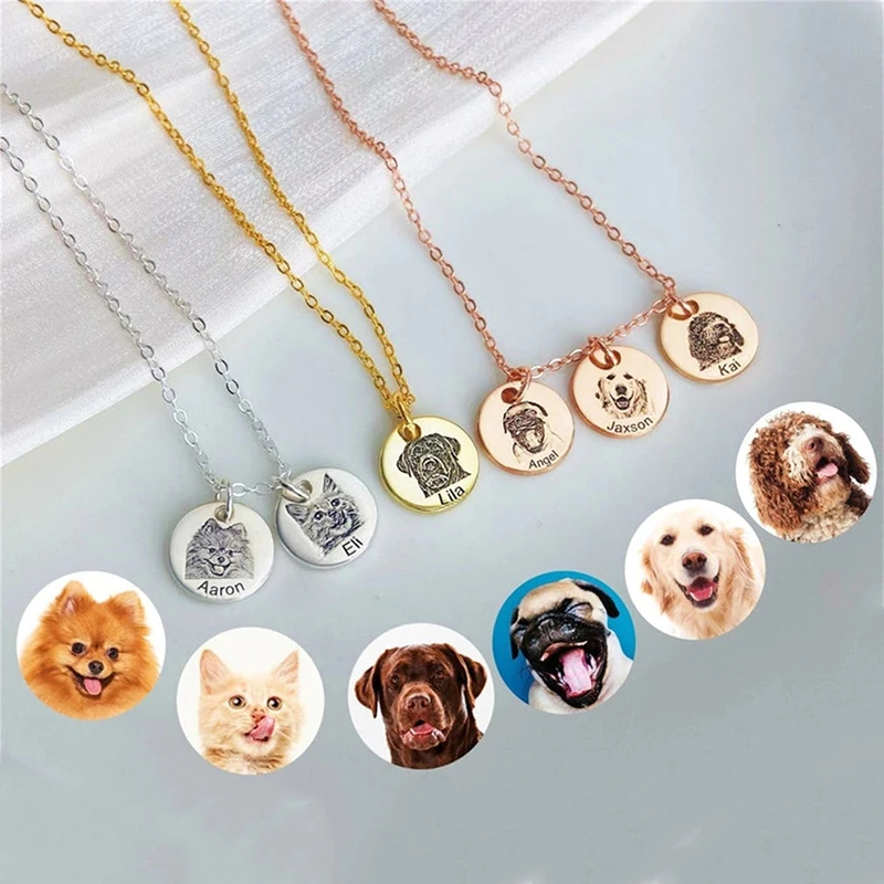 

Personalized Pet Photo Disc Necklace For Women Custom Engraved Tiny Cat Name Circle Pendant Animal Stainless Steel Jewelry Gift