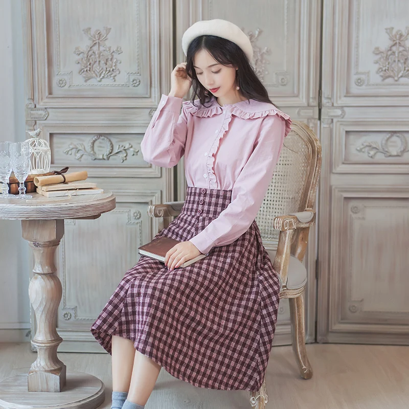 

Sweet Style Spring Autumn 2 Pcs Women Set Cute Pink Ruffles Shirt Suspender Plaid Dress Skirt French Romantic Lady Party Outfit