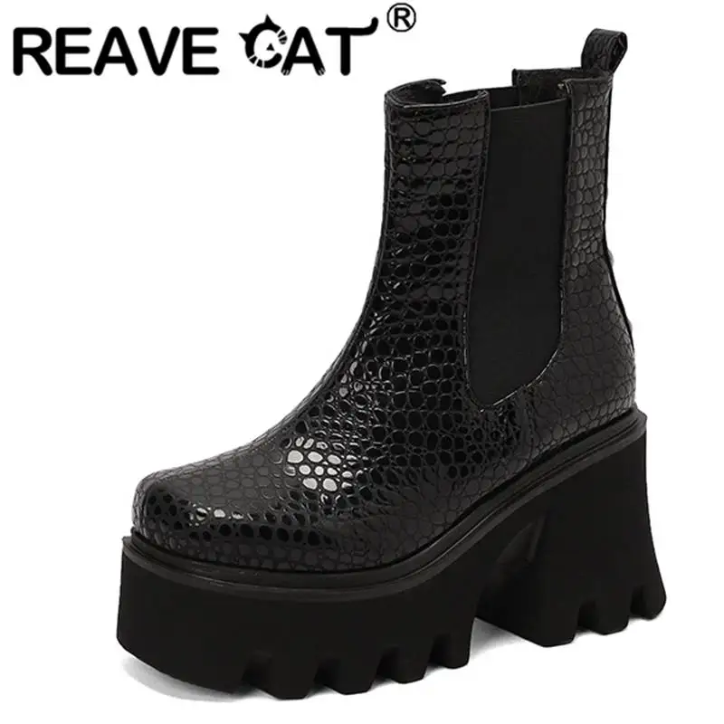 

REAVE CAT Womens Boots 14cm Shaft Platform 5cm Chunky High Heel 9cm Square Toe Plaid Slip-on Big Size 34-44 Mature Concise N0098