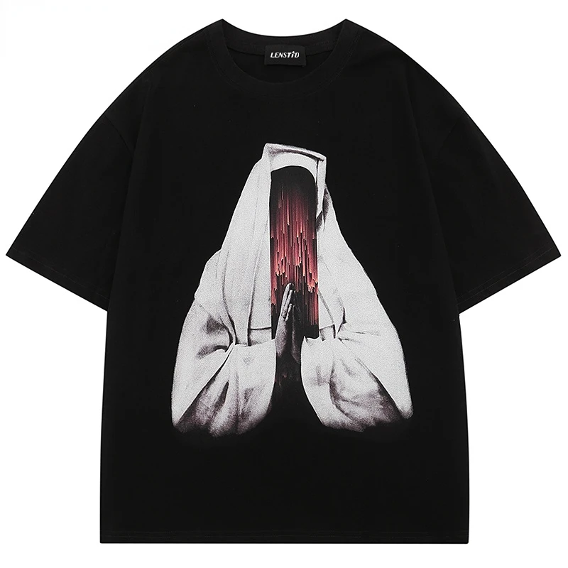 

Summer Men Oversized Tshirts Hip Hop Pray Graphic Print T Shirts Punk Gothic Streetwear Harajuku Casual Loose Cotton Tops Tees