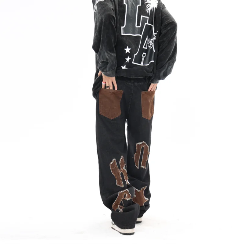 Star Patch Embroidered Loose Men's Jeans Harajuku Retro Street Hip Hop High Waist Loose Jeans Pants Mens Y2k Men’s Jeans Cotton