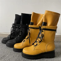 fashion motorcycle boots women shoes big size platform cowhide thick soled martin boots lace up high heels back zipper round toe
