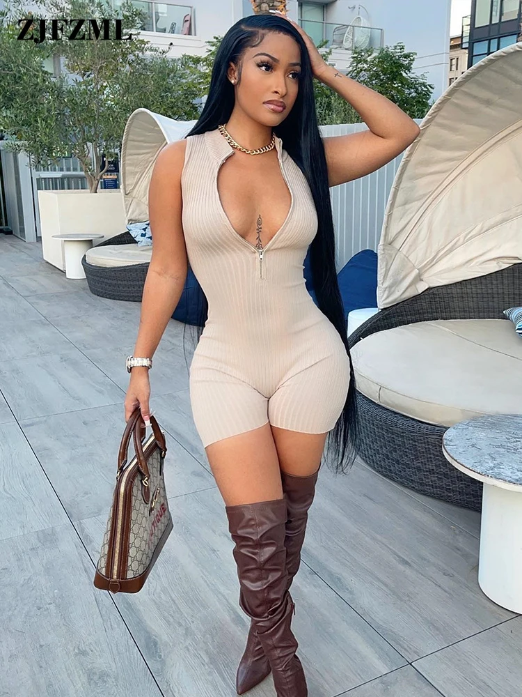 

Simple Solid Ribbed Knitted Club Playsuits for Women Deep V Neck Zipper Front Sleeveless One Piece Jumpsuit Sexy Stretchy Outfit