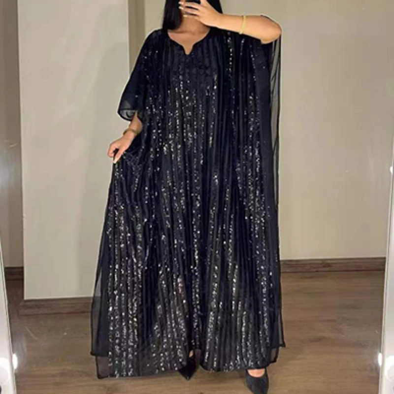 

Женское модное свободное блестящее вечернее платье, элегантное однотонное Драпированное Платье макси с рукавом летучая мышь и блестками, П...