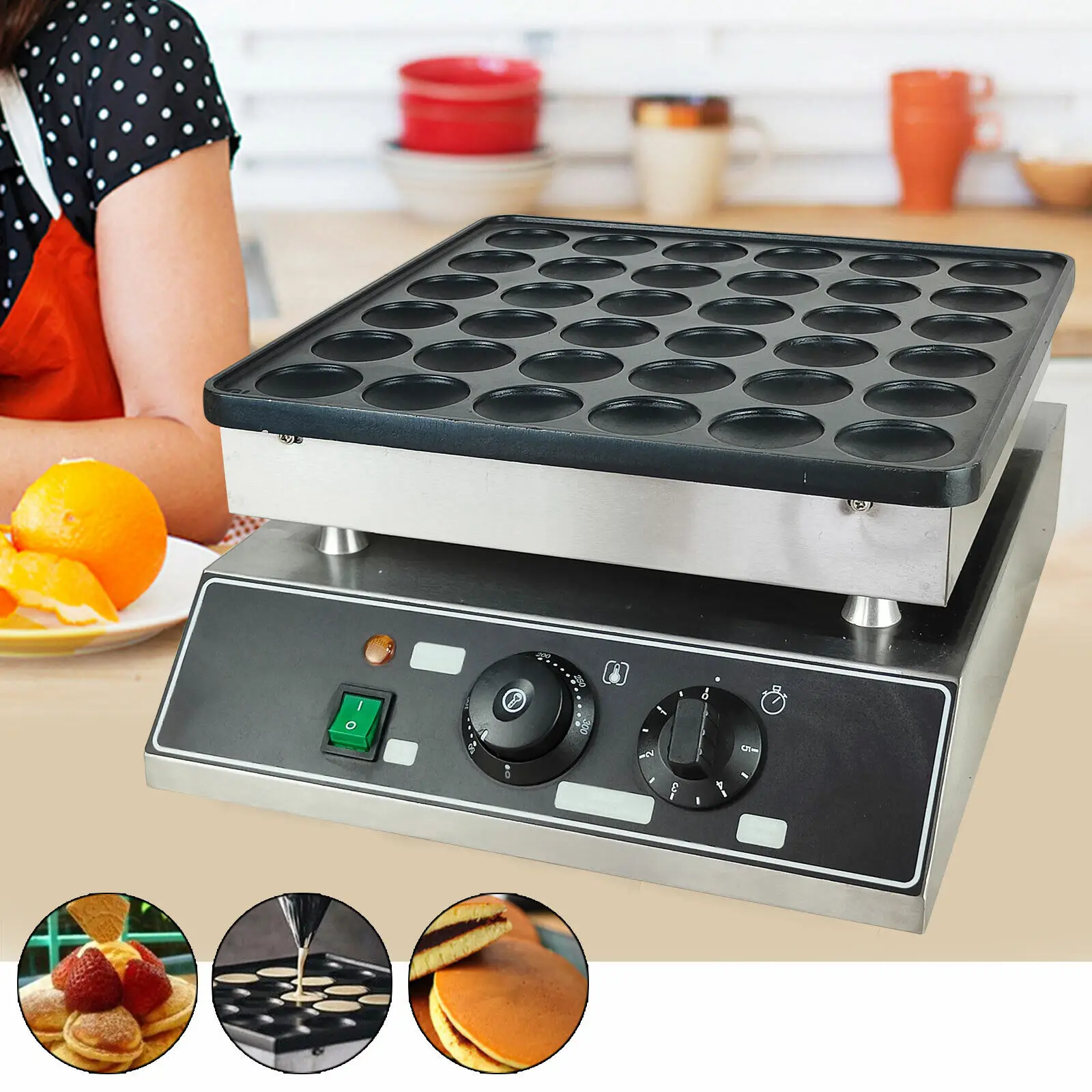 

36 Grids Mini Dutch Pancake Baker Maker Commercial Electric Waffle Machine Non-Stick Pan Black&Silver 110V 1000W