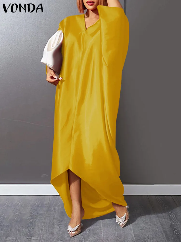Plus Size 5XL VONDA 2023 Women Satin Dress Summer Sexy Irregular Long Sundress Half Sleeve Casual Loose Solid V Neck Robe