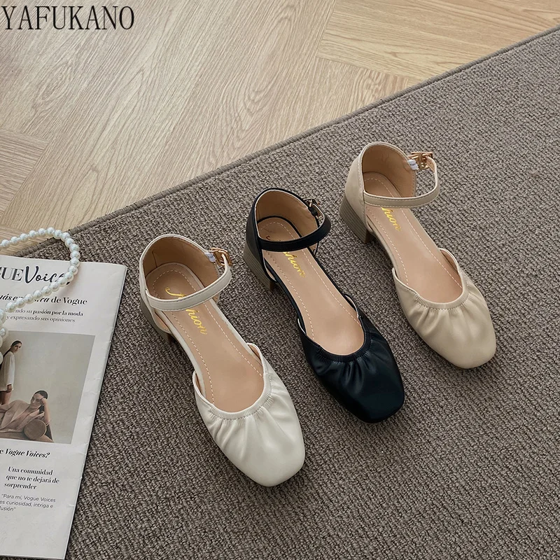 Сандалии женские на толстом каблуке, босоножки с квадратным носком, сказочные вечерние туфли из мягкой кожи, со складками, на среднем каблук...