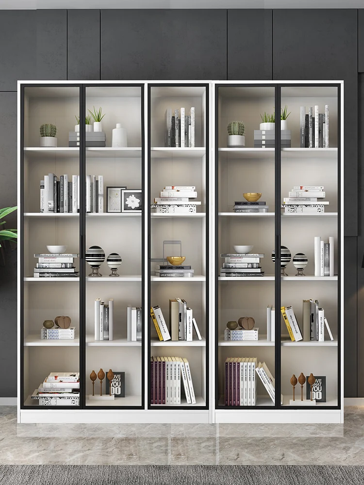 

All solid wood bookcase, light and luxurious, simple against the wall, modern Nordic glass door bookcase, floor to floor bookcas