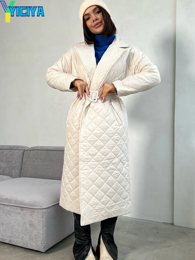 YICIYA Women's Winter Jacket 2023 Straight Rhombus Pattern Parkas Casual Sashes Windproof Warm Thick Coat Elegant Female Outwear