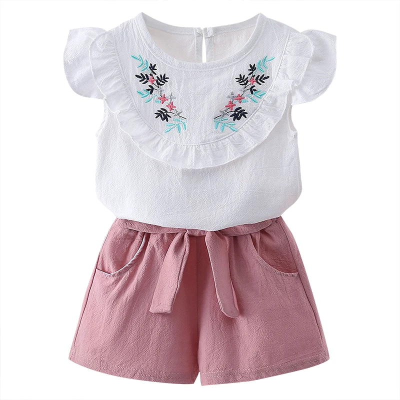 

Baby Girl Clothes Set Summer Infants Flying Sleeve White Embroidery Top + Solid Color Shorts Two-Piece Set 0-4 Yrs Kids Clothes