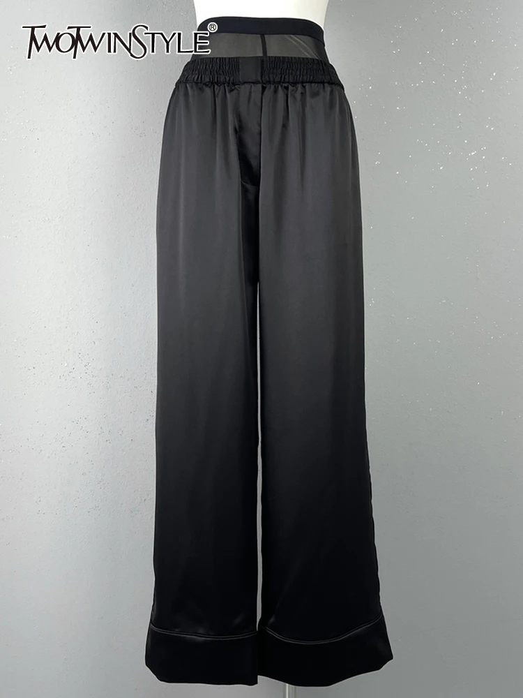 

TWOTWINSTYLE Spliced Folds Solid Pants For Women High Waist Full Length Patchwork Mesh Casual Wide Leg Pant Female Clothing 2023