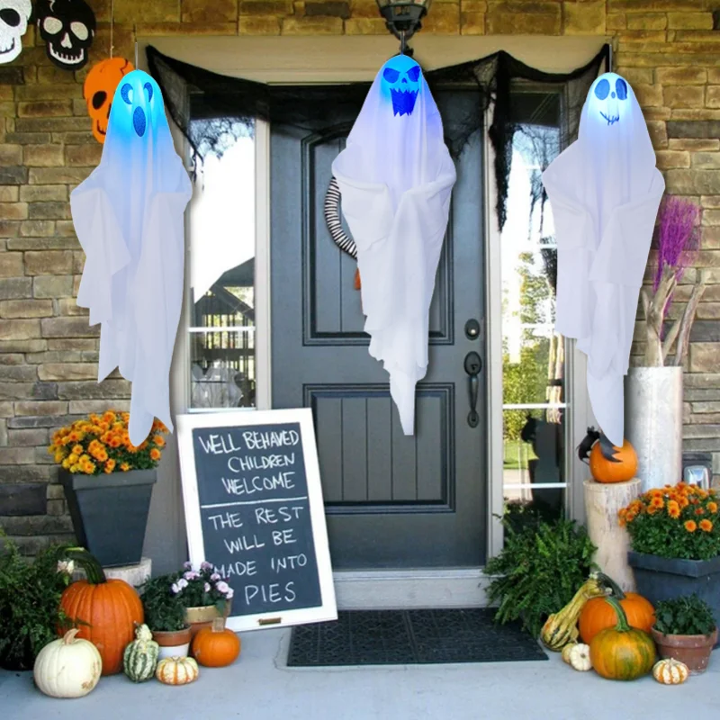 

3pcs Halloween Hanging Light Up White Flying Ghosts Halloween Ghost Hanging Decorations 27.5inch Tree Window Wall Ornament Scary