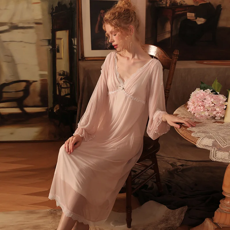 Women's Sexy Elegant V Neck Lace Stitching with Removable Chest Pad Modal Gauze Nightgowns Sleepshirts Sleepwear Pajamas