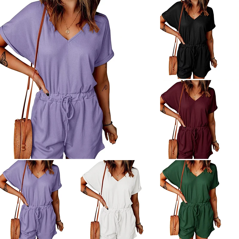 Women Casual Jumpsuits Solid Color V Neck Short-sleeved One-piece Shorts Playsuits Lace Up Loose Sexy Pocket Summer 2023 New