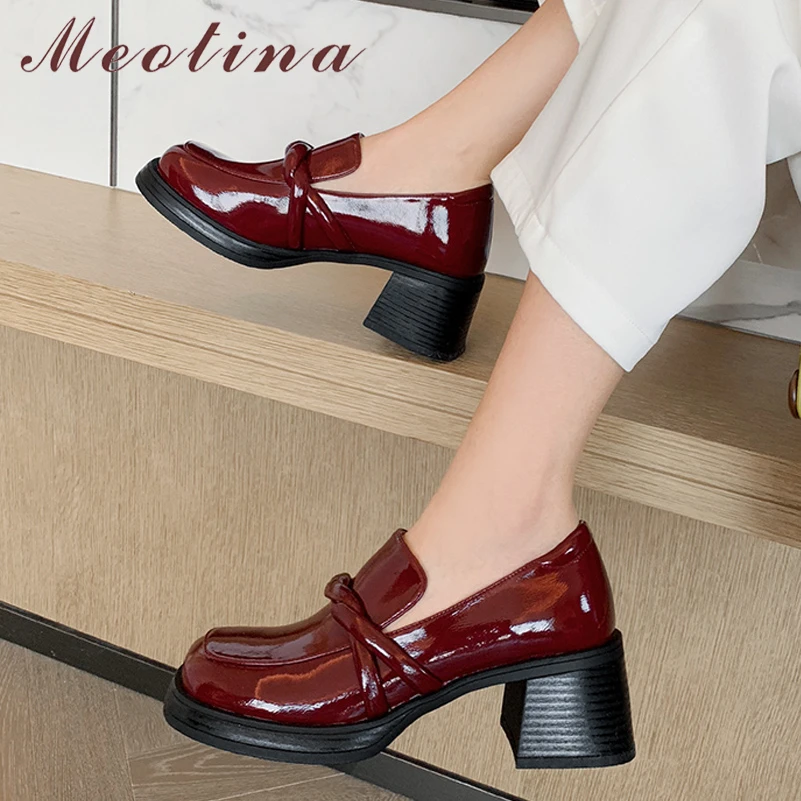 

Meotina Women Genuine Leather Round Toe Pumps Thick High Heels Ladies Pleated Fashion Shoes Wedding Spring Autumn Wine red