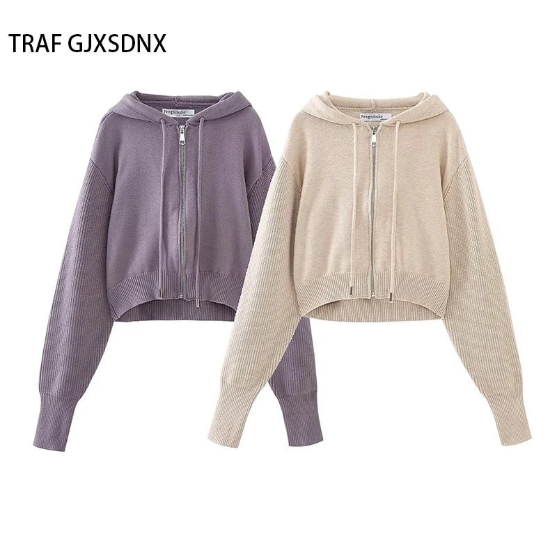 

TRAF GJXSDNX Hooded Knitted Coat Sweater Cardigan 2023 New Spring Autumn Solid Long Sleeve Casual Chic Female Outwear Tops
