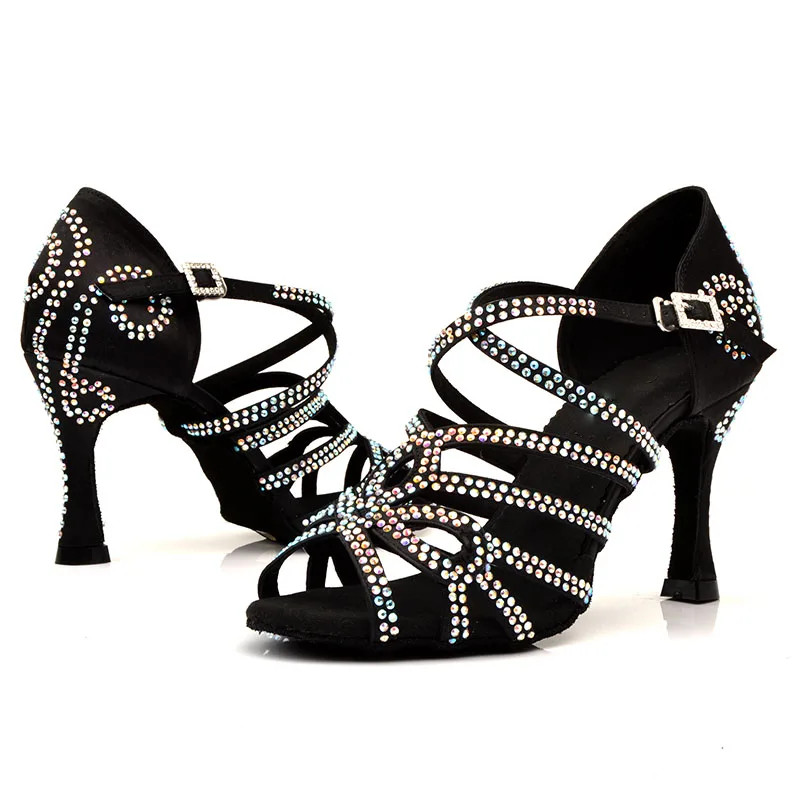 

Latin Dance Shoes Women's Dinner Dance Shoes Black Satin Shiny Rhinestones Salsa Shoes High Heels 9CM