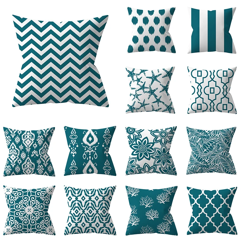 Чехол для подушки 45x45 см с синими листьями |