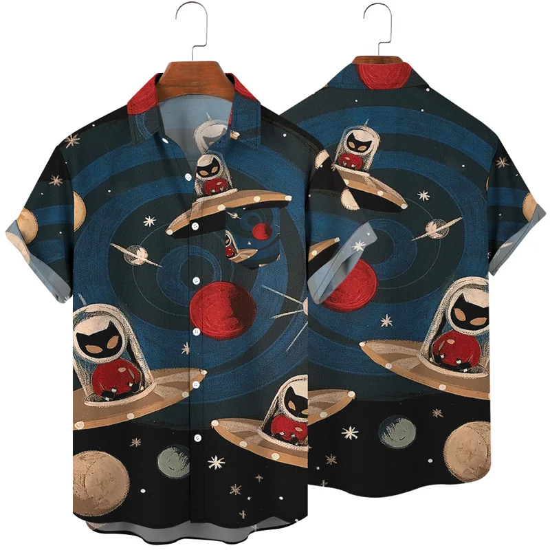 Cartoon Shirt Astronaut Men Shirt  Airship Short Sleeve Rocket 3D Printed Pattern Summer Tops Streetwear