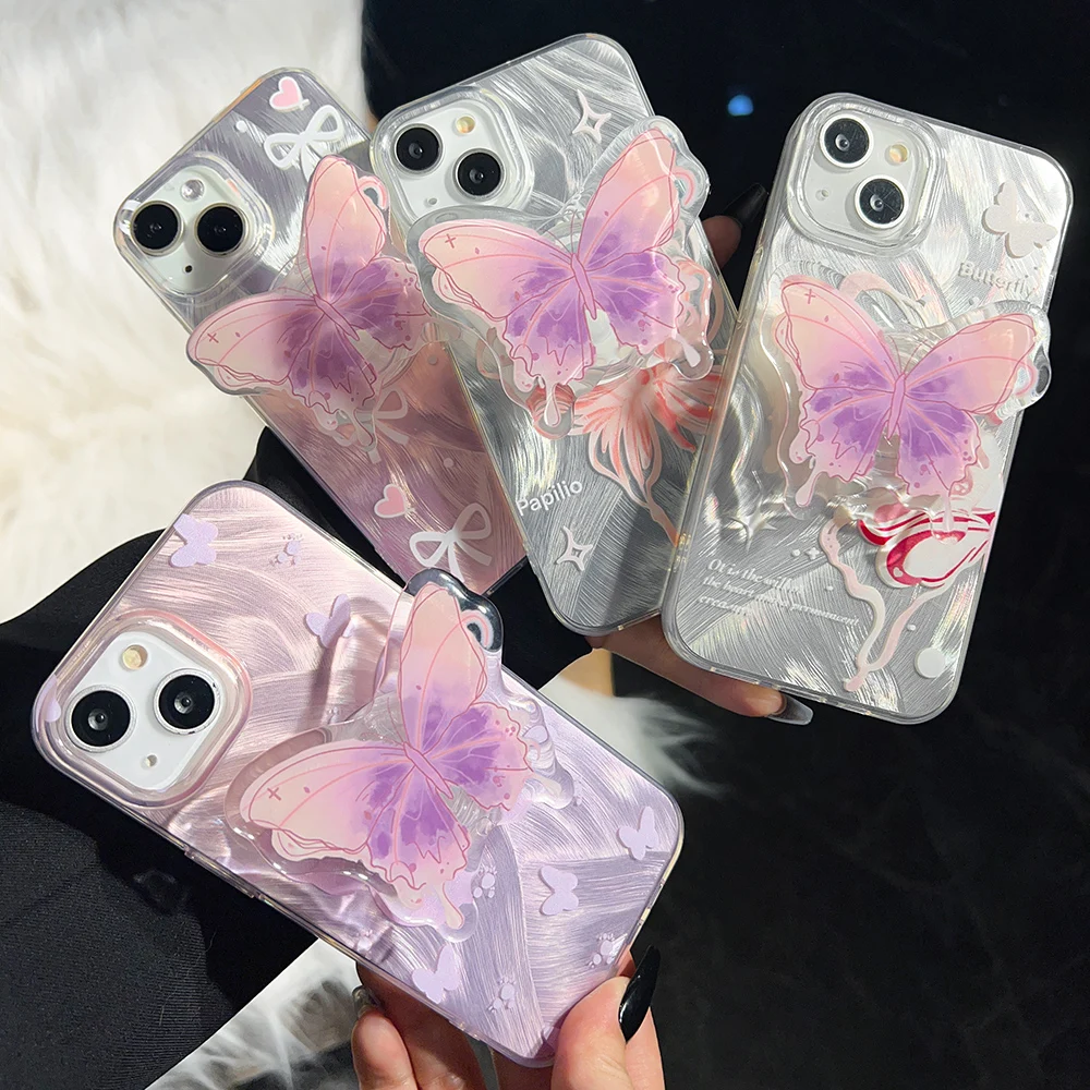 Чехол для телефона с 3D-бабочкой и кронштейном iPhone 16 15 14 12 13 11 Pro Max Plus чехлы лазерным