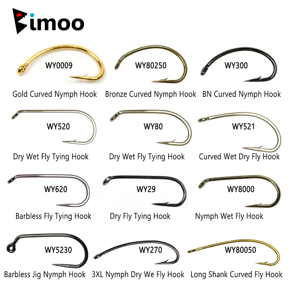 Bimoo 500PCS High Carbon Steel Barb Barbless Fishing Fly Hook Jig Nymph Dry Wet Fly Nymphs Scuds Caddis Streamer Fly Tying Hook