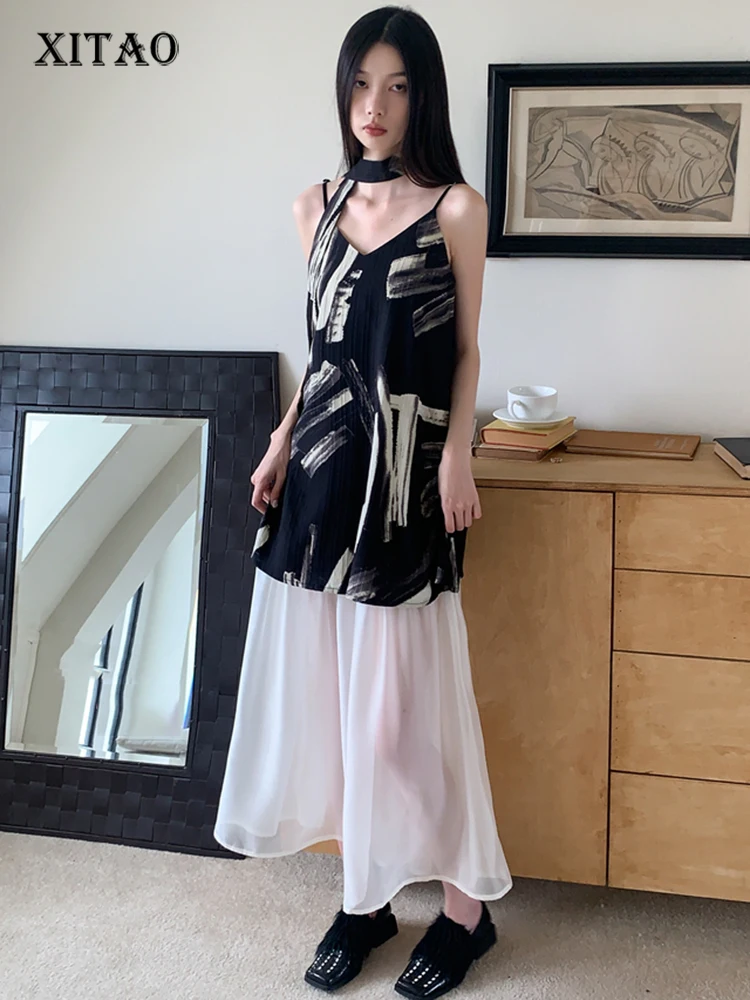 

Женское Сетчатое платье на тонких бретельках XITAO, Повседневное платье с v-образным вырезом, без рукавов, с открытой спиной, лето 2023, новое свободное платье DMJ2035