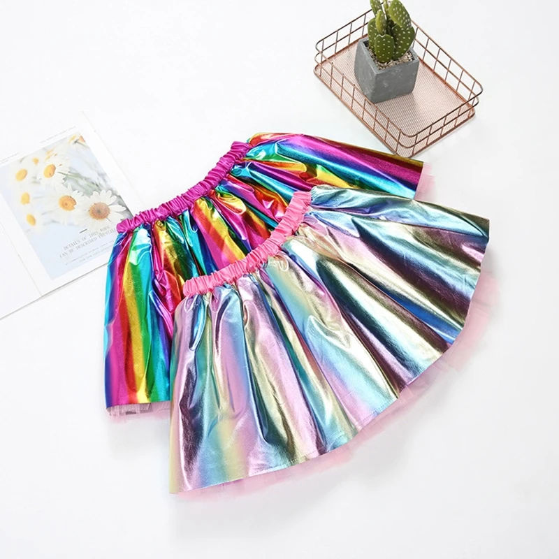

Little Girls Shiny Metallic Rainbow Tutu Skirt with Hair Bowknot Alligator Clip Layered Ballet Tulle Flared Dress Up Princess Pa