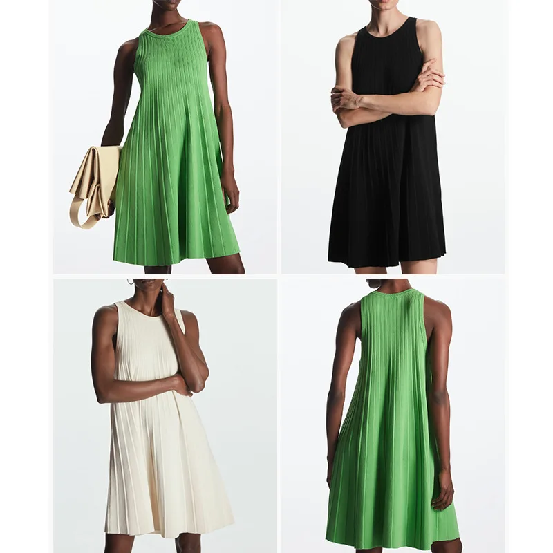 

Women's Simple Sleeveless Knit Vest Mini Dress 2022 Summer New Ladies Casual Loose A-Line Pleated Tank Robe All-Match