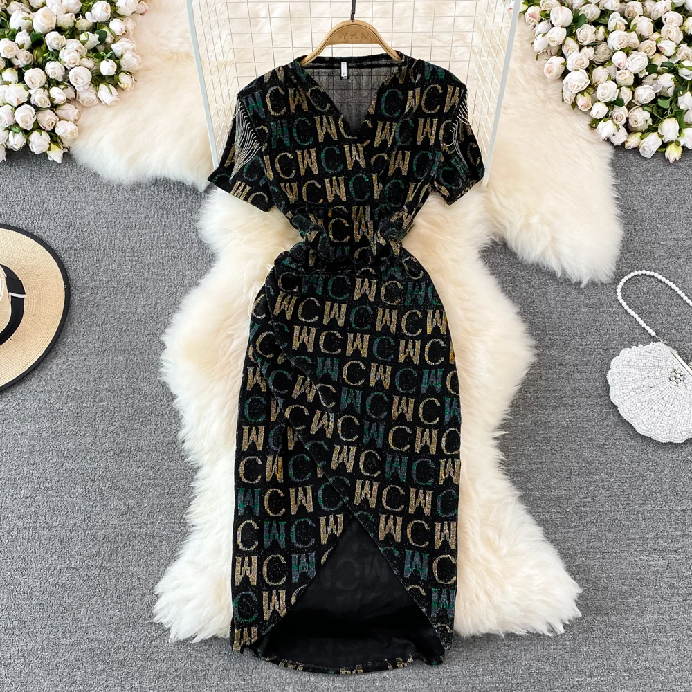 

V-neck Letter Shiny Silk Slim Fit Hip Dress 2022 Summer Feminine High Waist Pleated Slit Long Dress