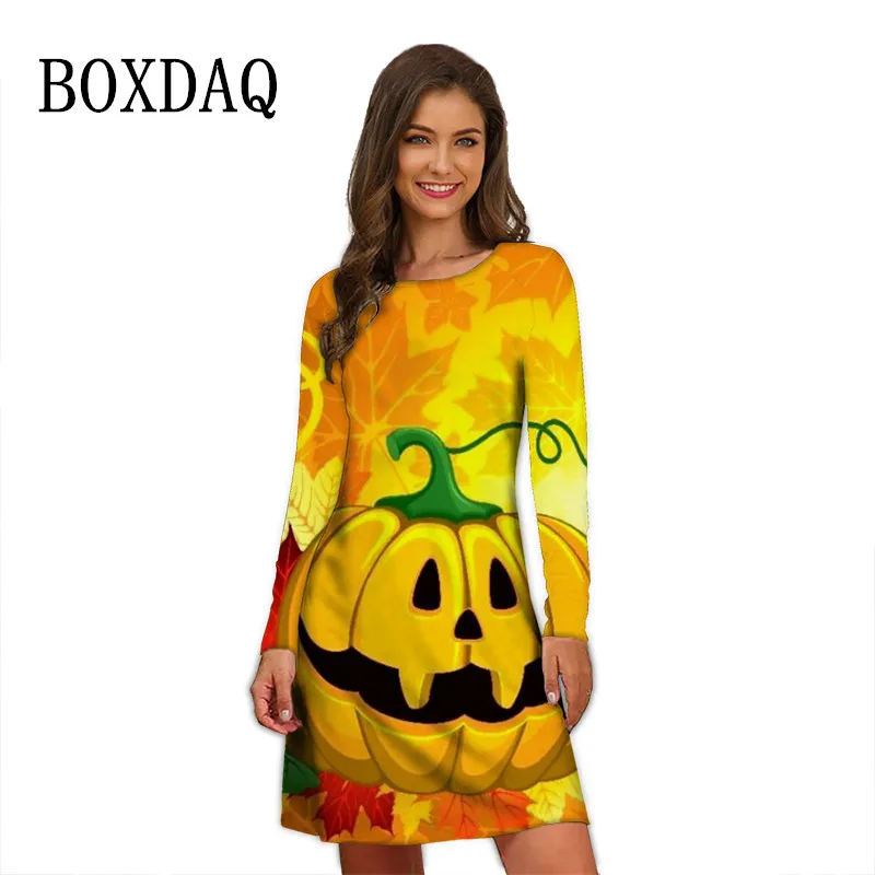 

Elegant Women Autumn Long Sleeve Dresses Fashion Funny Pumpkin Print Dress Winter Halloween Party Loose Clothing 2022 Oversized