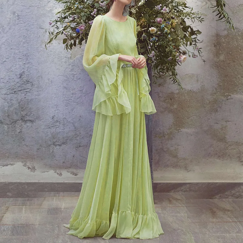 

Dresses Elegant Chiffon Ruffles Green Womens 2023 Summer New Vintage O-neck Flare Sleeve Long Dress Roupas Femininas