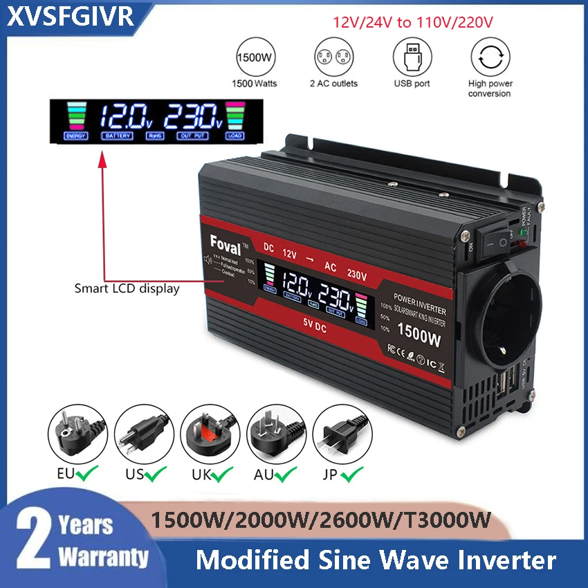 

1500W 2000W 2600W LCD Auto Inverter 12v to 110v220v Portable Power Inverter European Standard Car Inverters LED voltage display