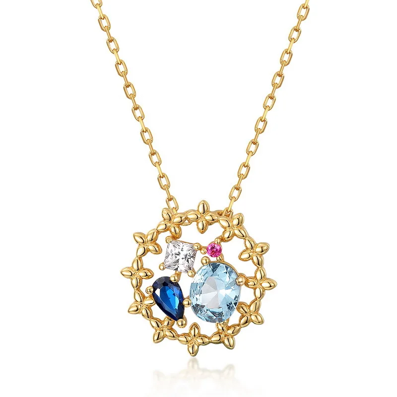 

Women Spinel Necklace S925 Sterling Silver 9k Gold Plated Zircon Ruby Blue Spinel Gemstone Flower Basket Pendant Necklaces