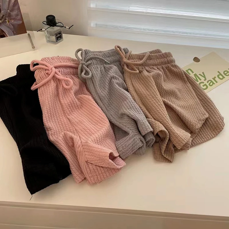 High Waist Sport Shorts Women Summer Loose Wide Leg Elastic Waist Lace Up Drawstring Casual Korean Irregular U Shape Bottoms New