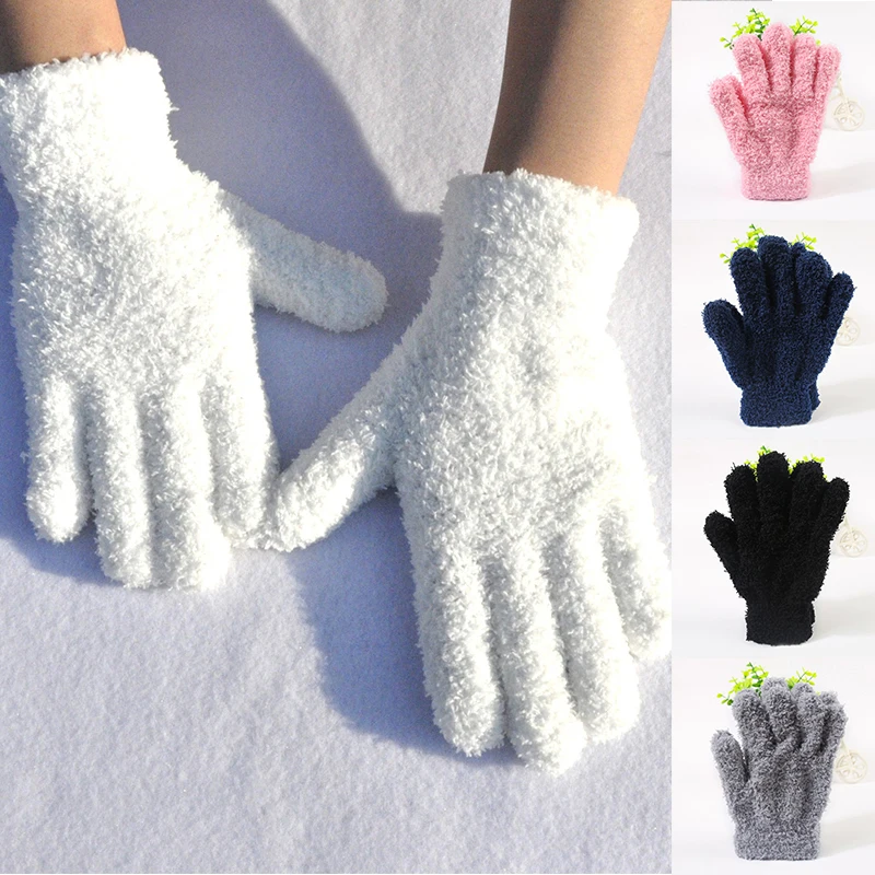 

1Pair Full Finger Gloves Pure Color Warm Thick Soft Plush Fleeced Cycling Glove Driving Fashion Women Men Winter Outdoor Mittens