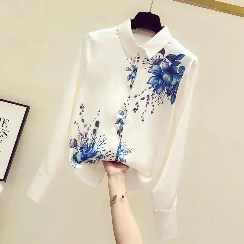 

Brand 2022 Summer OL Temperament Chiffon Cardigan Long Sleeve Lapel Loose Blouse Womens Tops