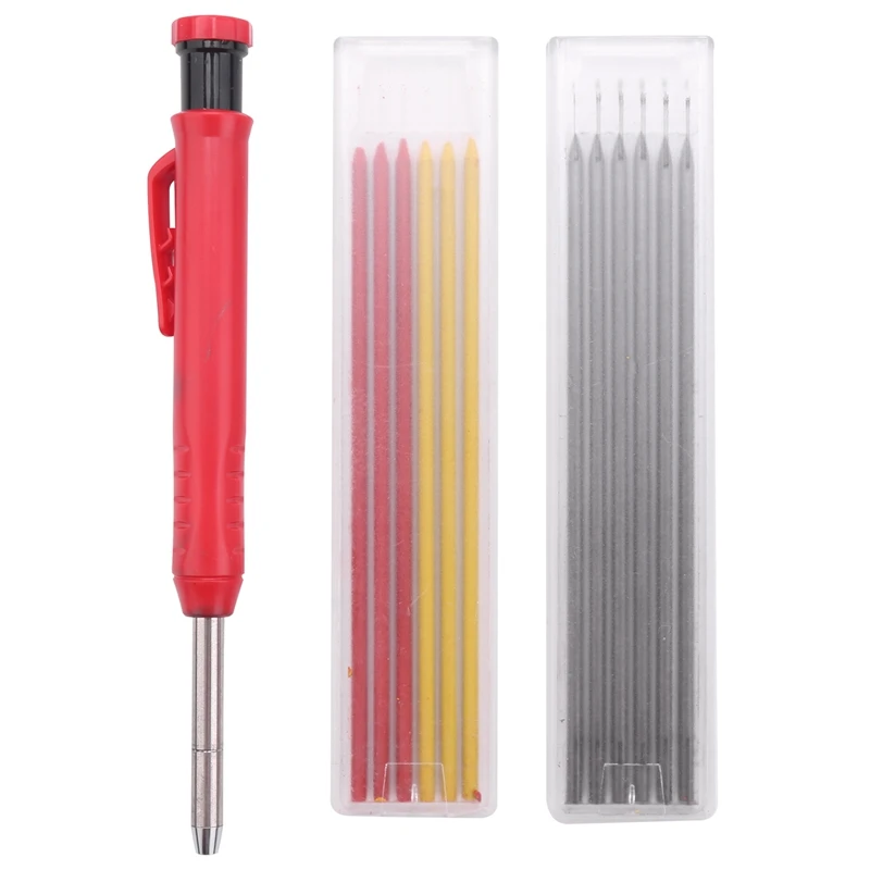 

Solid Carpenter Pencil For Construction With 13 Refill Leads Built-In Sharpener, Long Nosed Deep Hole Mechanical Pencil