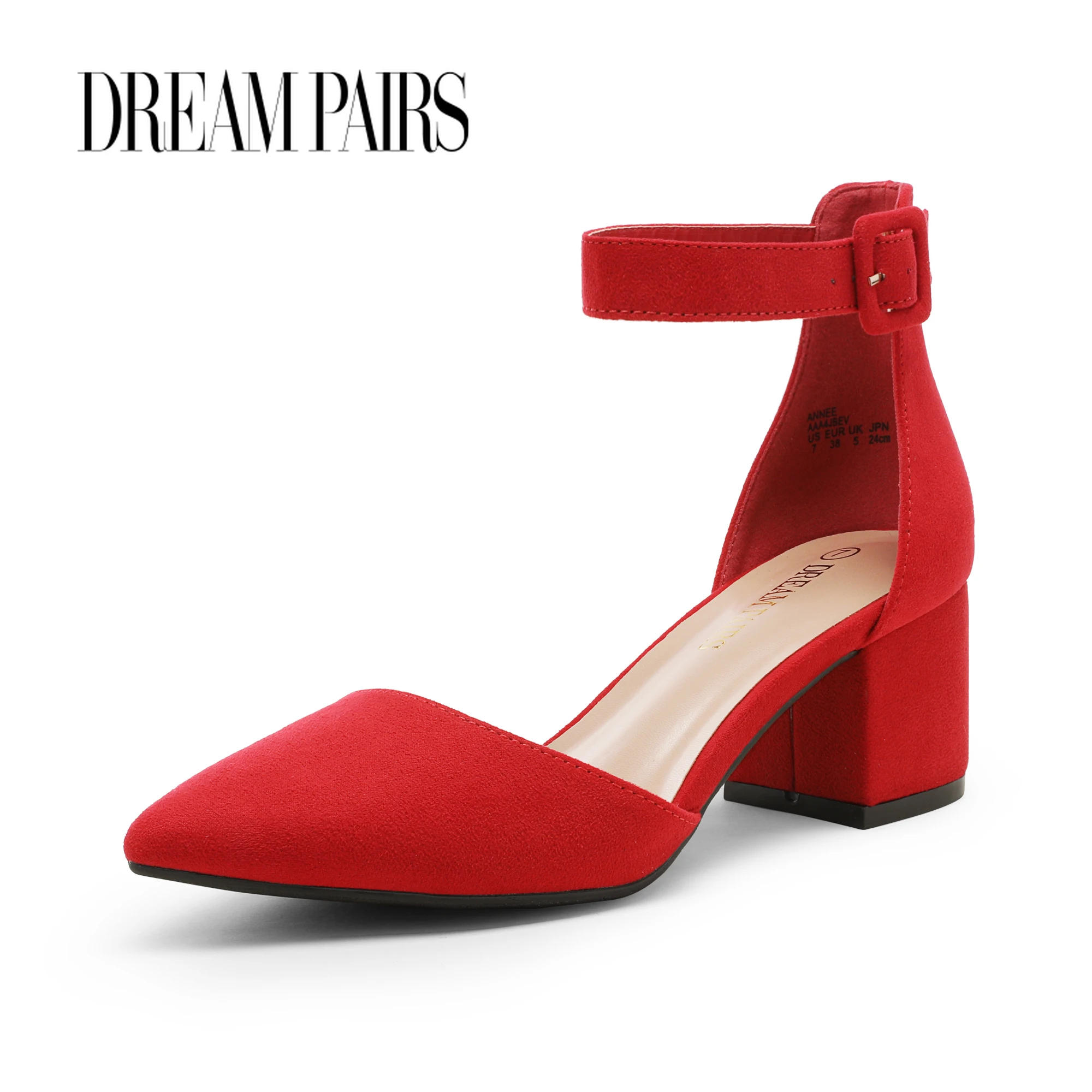 

Dream Pairs Chunk Heels Pumps for Women Buckle Ankle Strap Red Bottom Heels Woman Leather Party Office Dress Shoes Plus Size