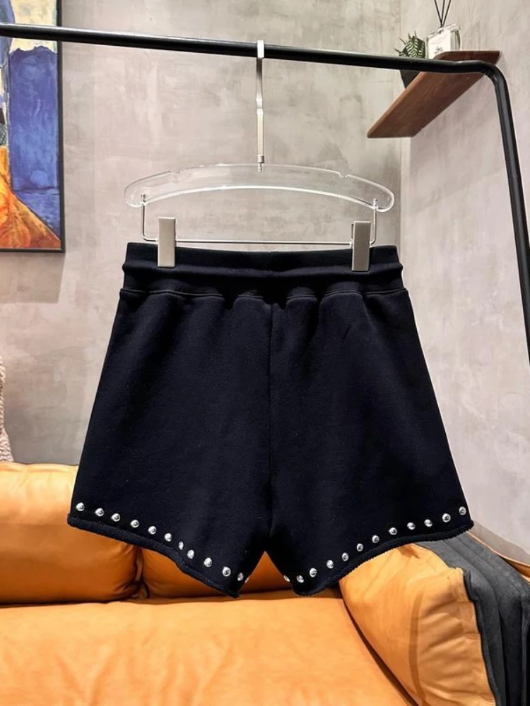 Fashion Brand Rhinestone Casual Shorts Women 2023 Summer A- Line Diamond Bow Pearl Heavy Industry Leopard Head Booty Shorts