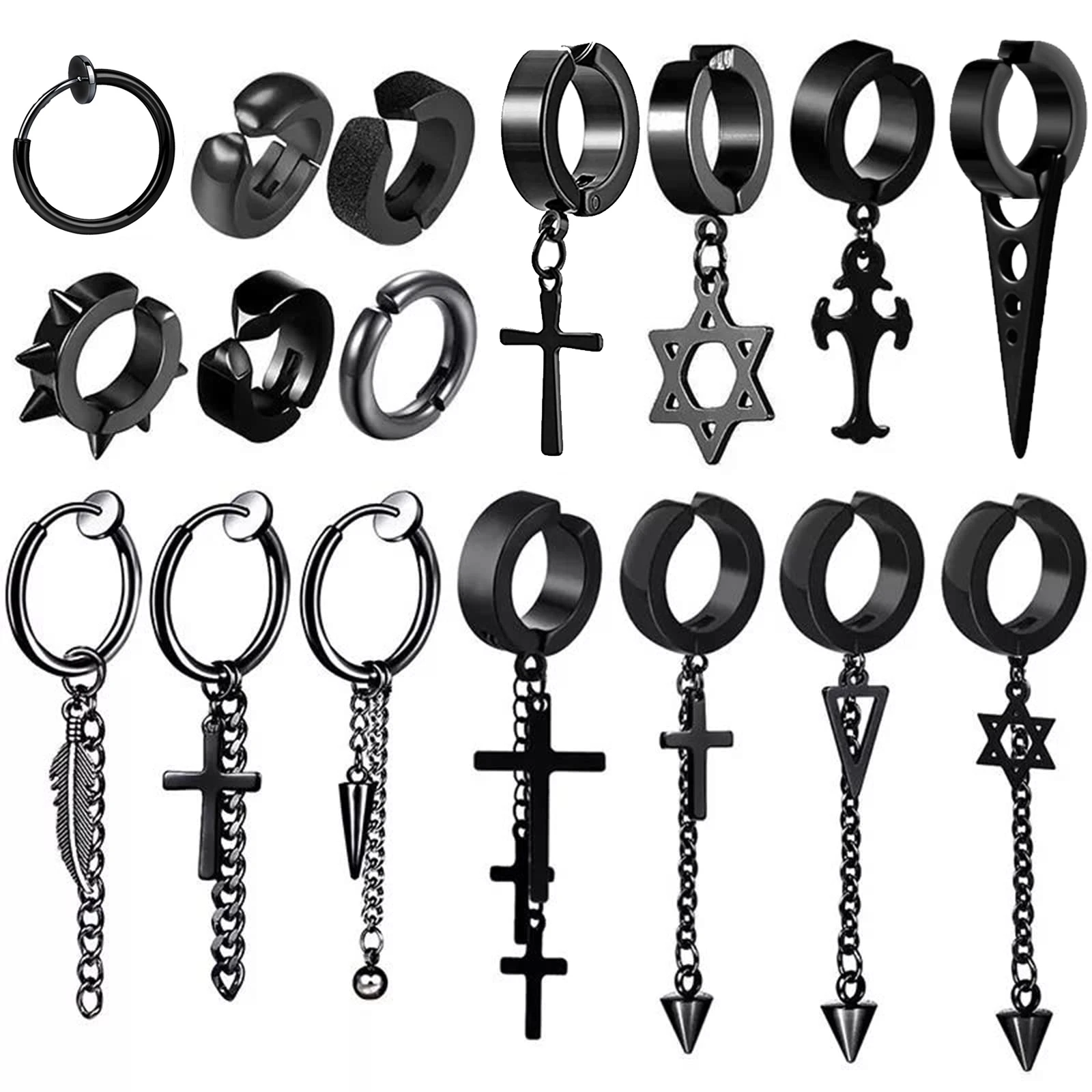 

1-17Pcs Clip on Earrings for Men Women Stainless Steel Fake Non Piercing Dangle Earrings Black Clip on Fake Earring Set