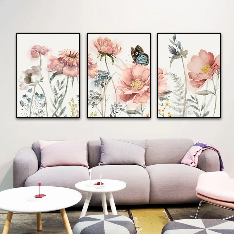 

Pink Peony Butterfly Watercolor Canvas Painting Wall Art Flower Painting Posters and Prints Pictures for Living Room Home Decor