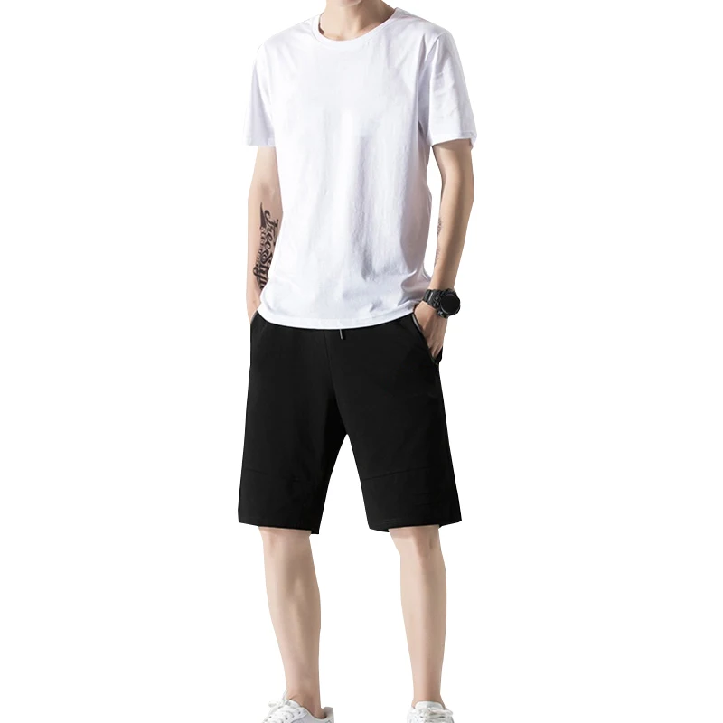 Men's Sportswear Solid Color Pants And Black Shorts Summer Beach 2 Pieces Sets Breathable Soft Simple T-shirts