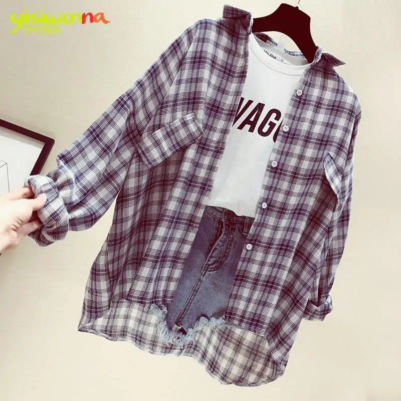 Блузка женская клетчатая рубашка с длинным рукавом мешковатая куртка блузы