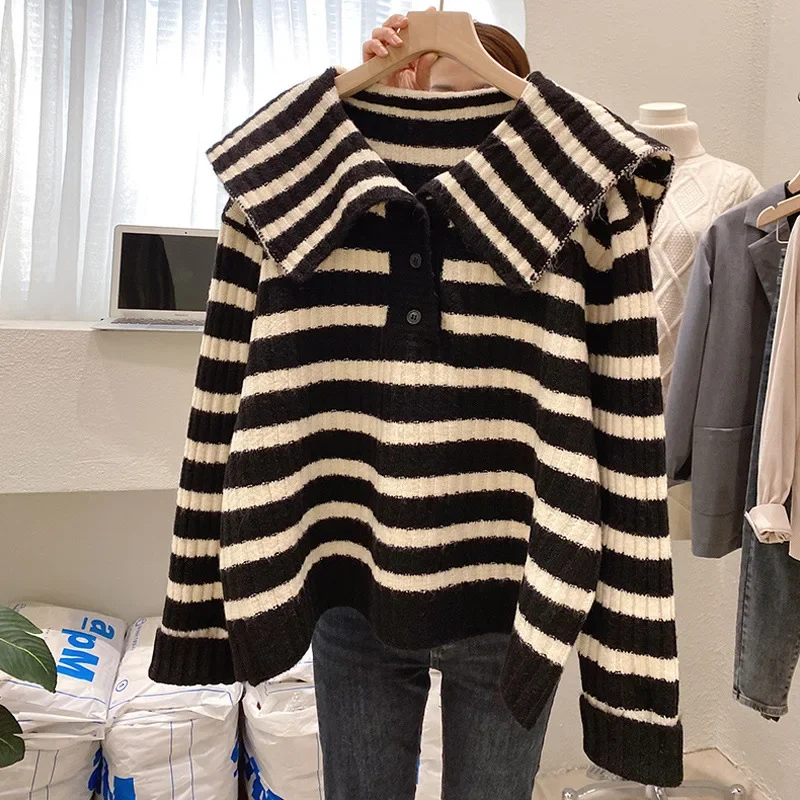 Женский вязаный свитер верхняя одежда свободного кроя топ в полоску куртка с