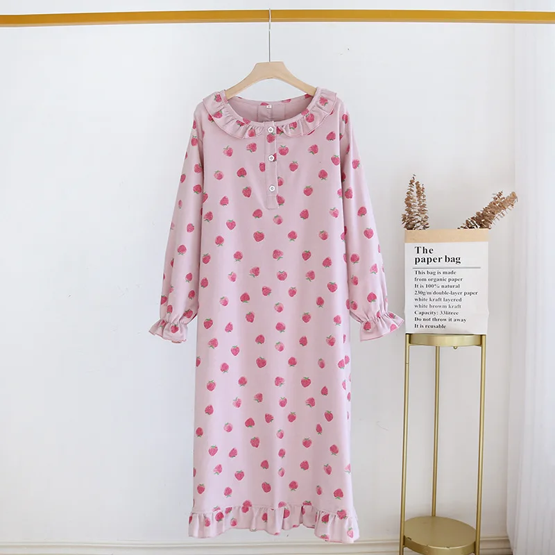 Spring and Autumn New Ladies Long Skirt 100% Cotton Knitted Cute Cartoon Nightdress Round Neck Sweet Long Sleeve Skirt Homewear